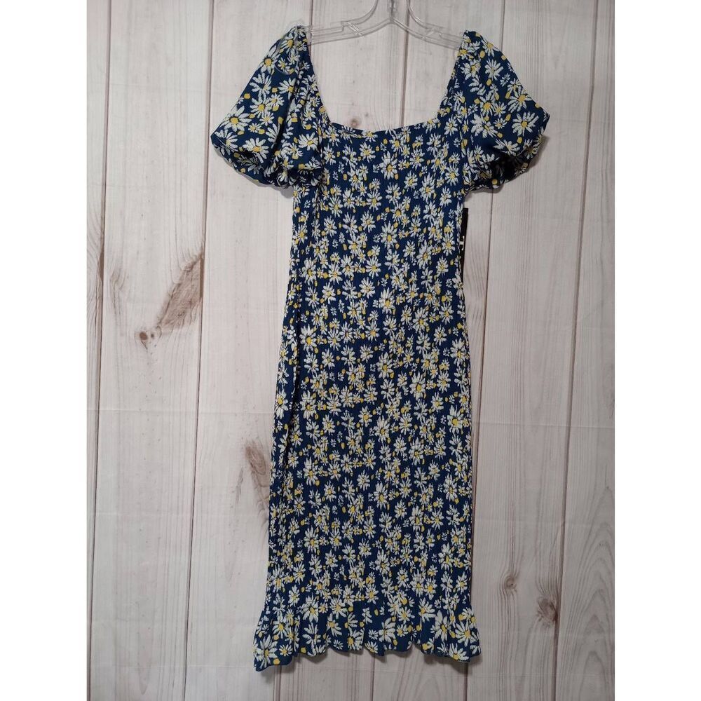 Trixxi Navy Blue‎ Daisy Print Smocked Puff Sleeve Midi Dress Size L